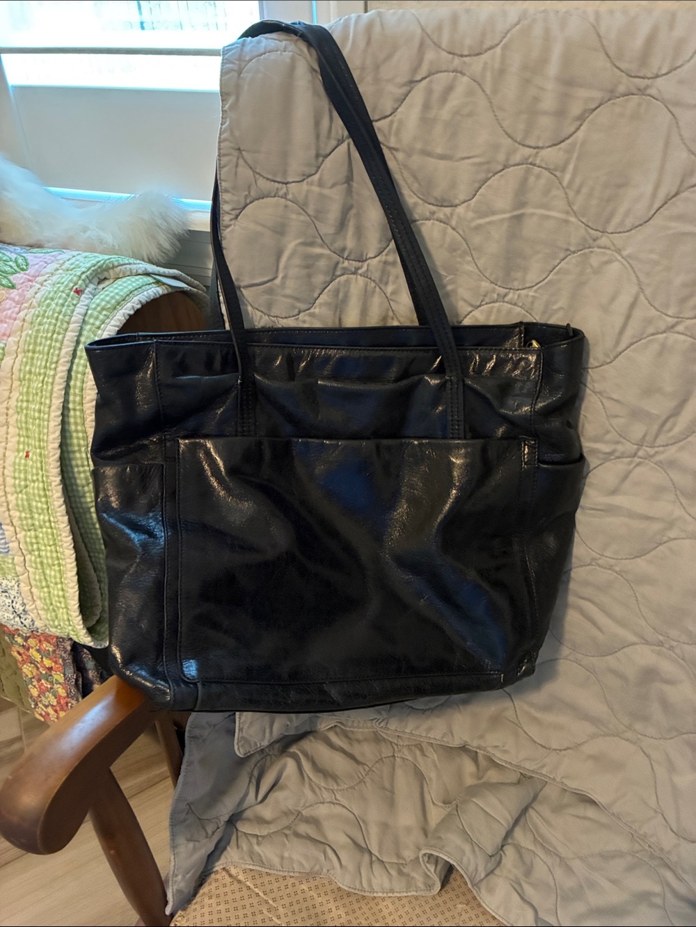 HOBO Black Leather Tote with Front Pockets